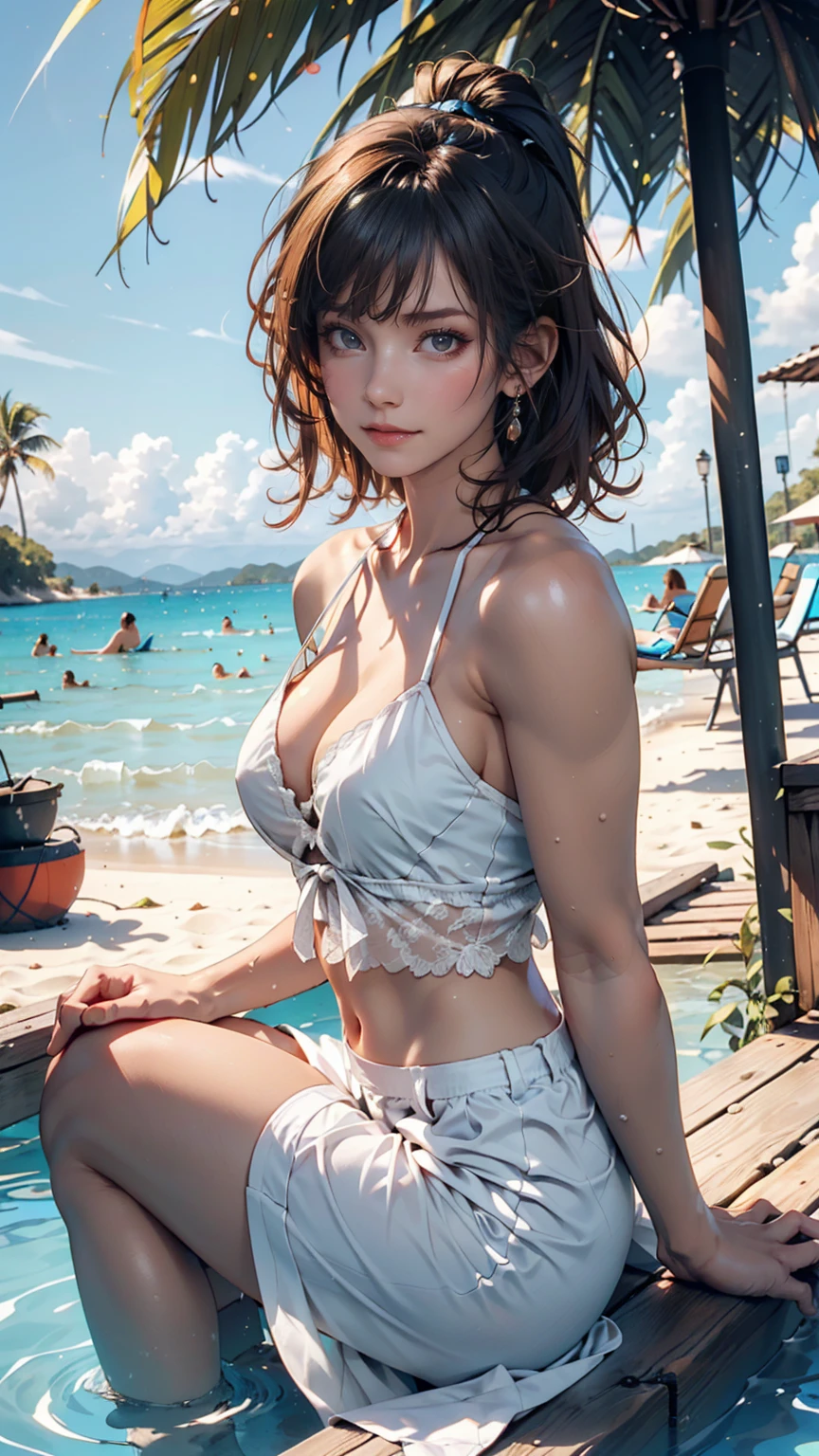 (Best lighting, Best Shadow, masterpiece, high quality), colorful, Vibrant, Summer mood, lots of bright colors, Beautiful woman in light summer clothes, Hair loss, Sit on the clear water and white sand, Bright blue sky.