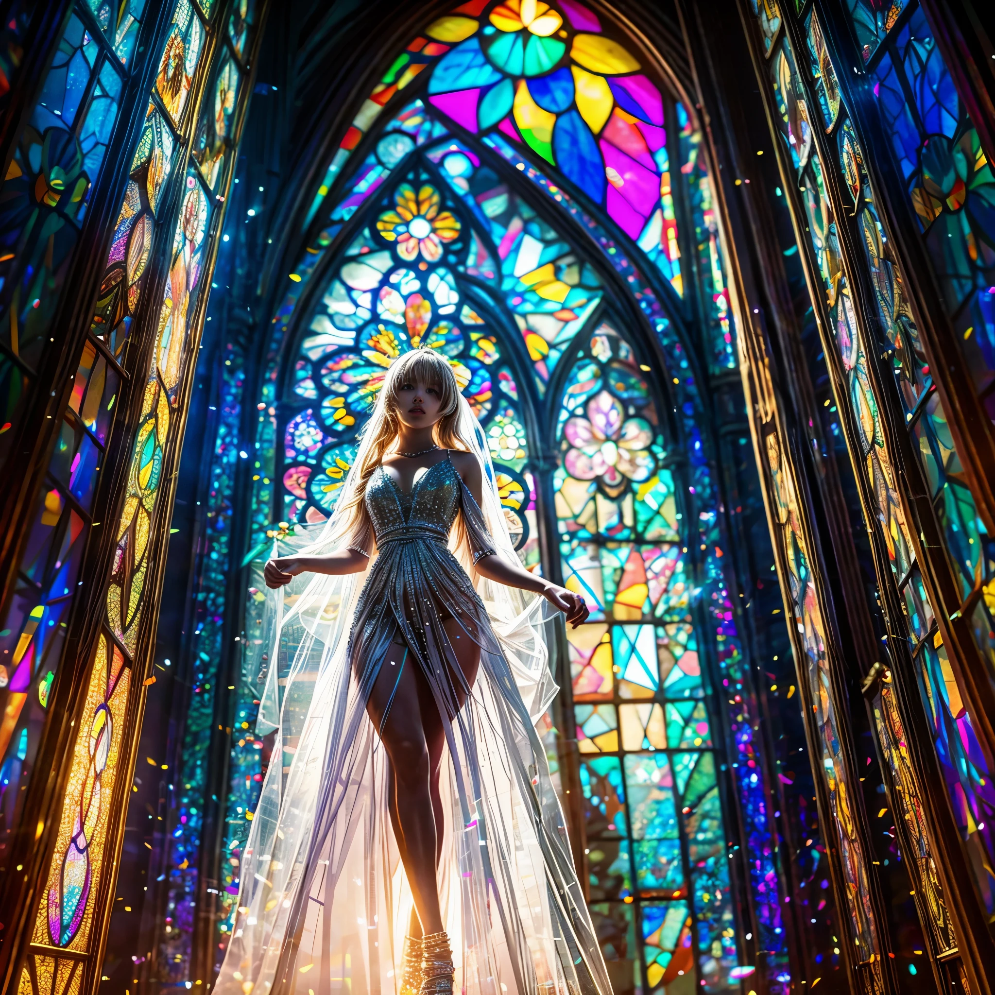 (Cathedral from below:1.28) (ZoomLayer) TopQuality 8K masterpiece of ((Professional photo)), (((Clarisse de Cagliostro))) (Detailed White WeddingDresses), Chain, (((Extremely detailed KAWAII face))) {((VeiledFace))|BlondeHair|(Elaborate BuleEyes)with(SparklingHighlights:1.28)}, The background is distant (((Elaborate stained glass))) Rainbow Glass, {(MysticSight)|EnchantingAtmosphere|Haze|(GodRays)|TyndallEffect}, Radiant PearlSkin with Transparency, (Exposed:0.39)