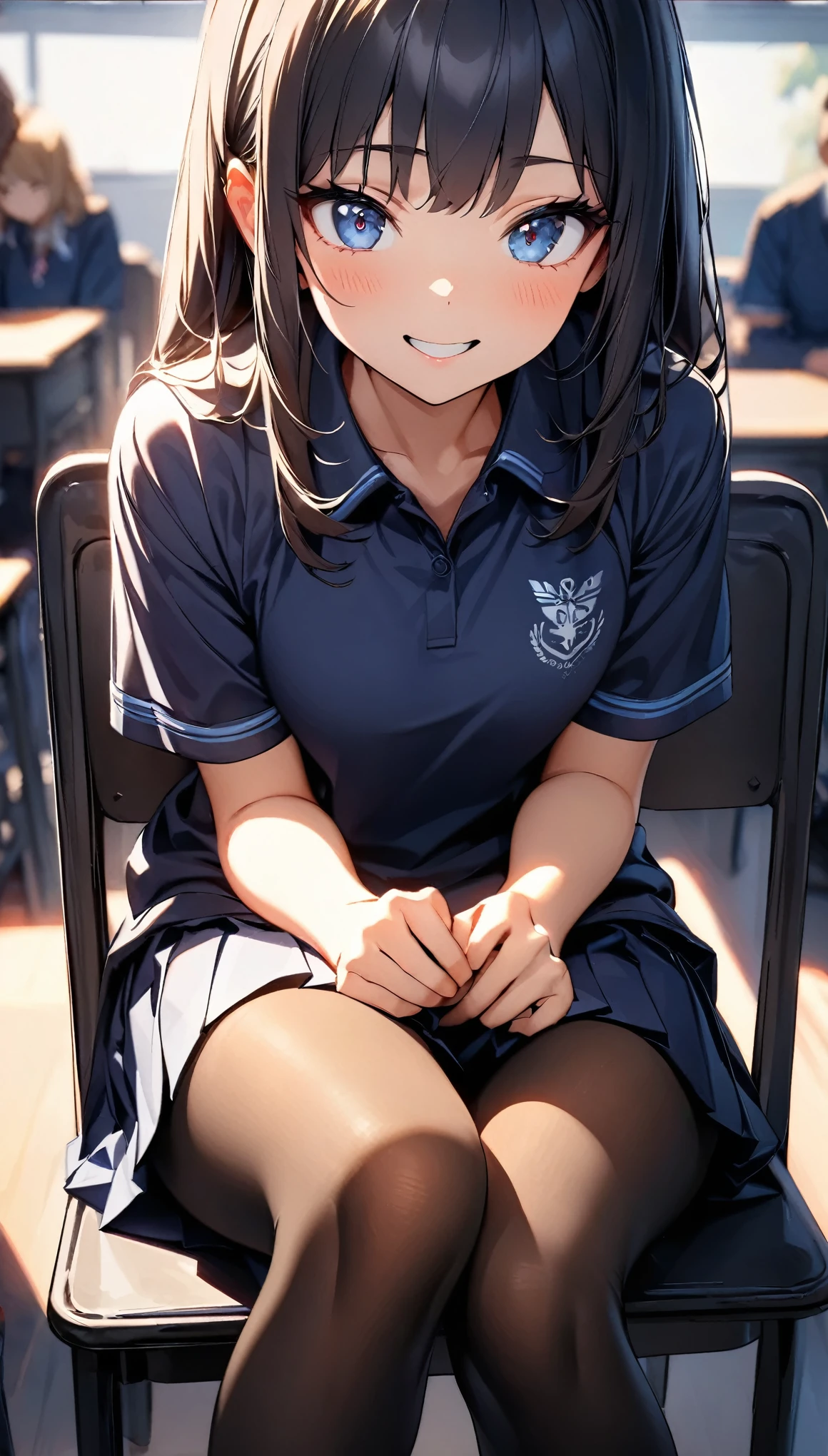 (Highest quality:1.2, Very detailed, up to date, Vibrant, 超High resolution, High Contrast, masterpiece:1.2, Highest quality, Best aesthetics), (((1 girl))), Beautiful school girl, A carefully drawn classroom, Navy blue polo shirt designated by the school, Pleated skirt, Professionalism, Bright colors, Soft lighting, Expressive eyes, Detailed lips, Long eyelashes, Pleasant atmosphere, incite inferiority, Obscene eyes, Lewd smile, Open your mouth, blush, Fatty face:1.2, ((Navy blue polo shirt, Short sleeve, Pleated skirt, 80 denier black pantyhose, Sitting on a chair)), Focus on , Positive Energy, Calm background, A nurturing presence, High resolution, Correct perspective, (Soft focus throughout).