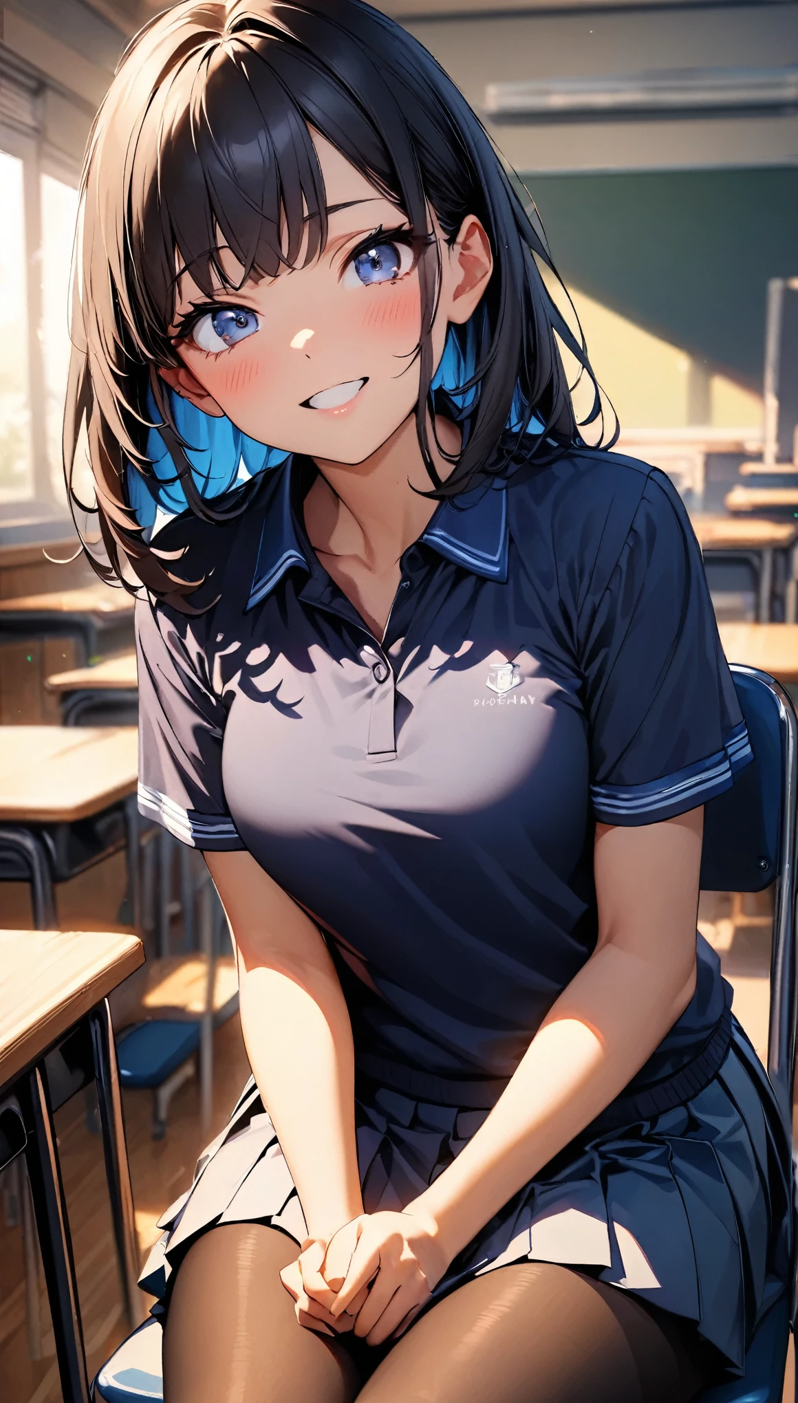 (Highest quality:1.2, Very detailed, up to date, Vibrant, 超High resolution, High Contrast, masterpiece:1.2, Highest quality, Best aesthetics), (((1 girl))), Beautiful school girl, A carefully drawn classroom, Navy blue polo shirt designated by the school, Pleated skirt, Professionalism, Bright colors, Soft lighting, Expressive eyes, Detailed lips, Long eyelashes, Pleasant atmosphere, incite inferiority, Obscene eyes, Lewd smile, Open your mouth, blush, Fatty face:1.2, ((Navy blue polo shirt, Short sleeve, Pleated skirt, 80 denier black pantyhose, Sitting on a chair)), Focus on , Positive Energy, Calm background, A nurturing presence, High resolution, Correct perspective, (Soft focus throughout).