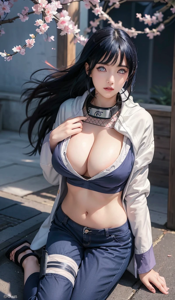 1girl, hinata, hinata,cute face,pretty face, jaw dropping beauty,dark purple eyes, ((ultra high detailed 1.9)),((ultra high resolution 1.9)),((ultra high quality 1.9)),(masterpiece)), (perfect lightings), (very Big breasts 1.9)), ultra huge breast, deep neckline sexy navel, very Big breasts, bursting breast, ultra huge breast,((very Big breasts 9.9)),masterpiece, absurdres, 1girl, hinata\(shippuden\), solo,hooded jacket, fishnets, headband around neck, looking at viewer, floating hair, wind, blue pants,