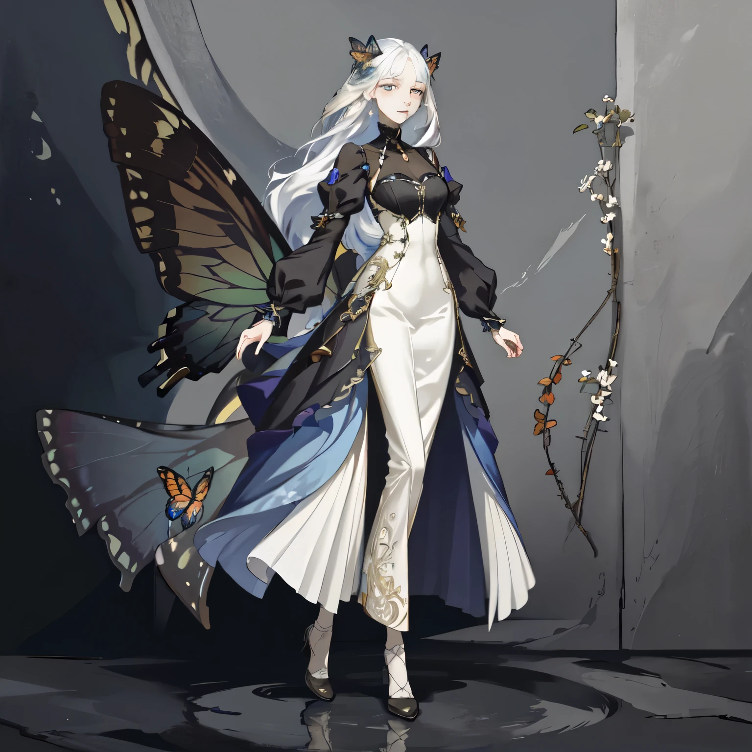 (1 Anthropomorphism of butterflies), (Standing full body), (Full body standing), 1 Princess，(Standing full body)，Solitary, Long skirt，role conception, peculiar, masterpiece，Top quantity，Best quality，Ultra-high resolution，Exquisite facial features

