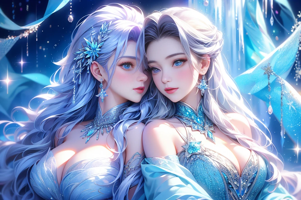 ((long shot)).wood, Exquisite mini ice spikes and crystals, Frozen waterfall in the background, Light reflected by ice crystals, Flowing snowflakes.1 girl, Beautiful woman、pretty girl,A realistic person,Beautiful cleavage