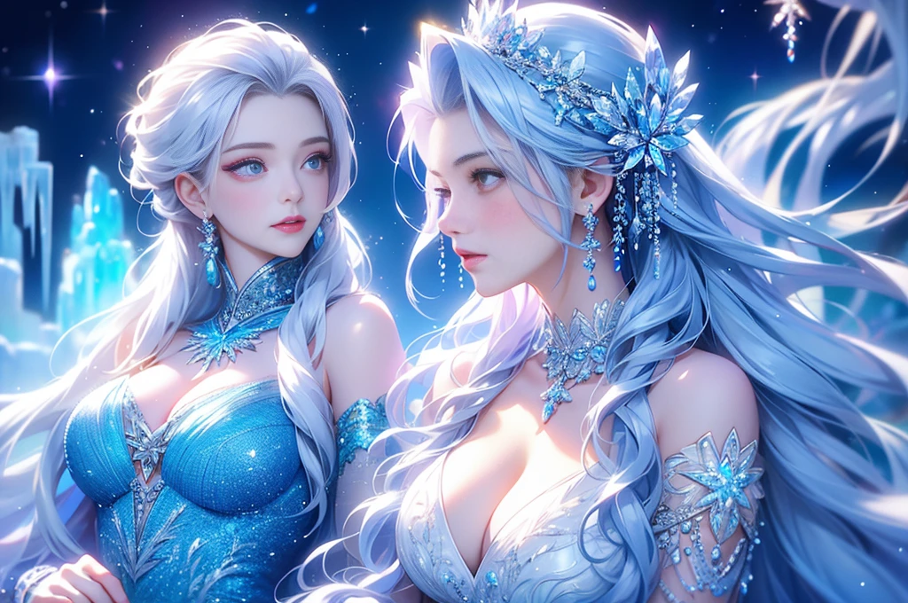 ((long shot)).wood, Exquisite mini ice spikes and crystals, Frozen waterfall in the background, Light reflected by ice crystals, Flowing snowflakes.1 girl, Beautiful woman、pretty girl,A realistic person,Beautiful cleavage