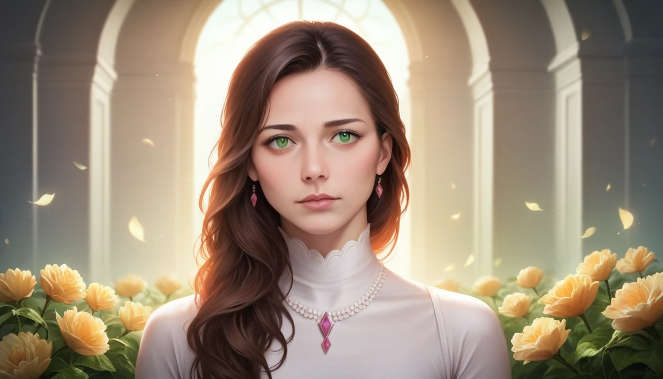 a beautiful young woman with long brown hair, striking green eyes, delicate facial features, and a warm, friendly expression, wearing a flowing white dress, standing in a lush, verdant garden filled with colorful flowers, sunlight filtering through the leaves, creating a serene and enchanting atmosphere, (best quality,4k,8k,highres,masterpiece:1.2),ultra-detailed,(realistic,photorealistic,photo-realistic:1.37),portrait,natural lighting,detailed face,highly detailed,intricate details,cinematic lighting,vibrant colors,soft focus