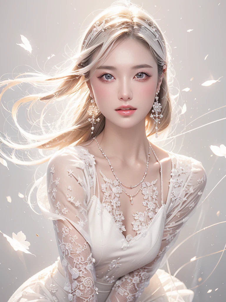 White Background、Professional Lighting、(((Professional Lighting 1.5)))、Translucent skin texture、Beautiful Skin、Beautiful Skin、、(((Whitening 1.5)))、White dress、See through、、Ecstasy of Musical Notes、((White dress1.5))、See through1.5、Bust up photo、Simple earrings and necklace、Fluttering Hair、Blonde Hair、Glowing Skin、