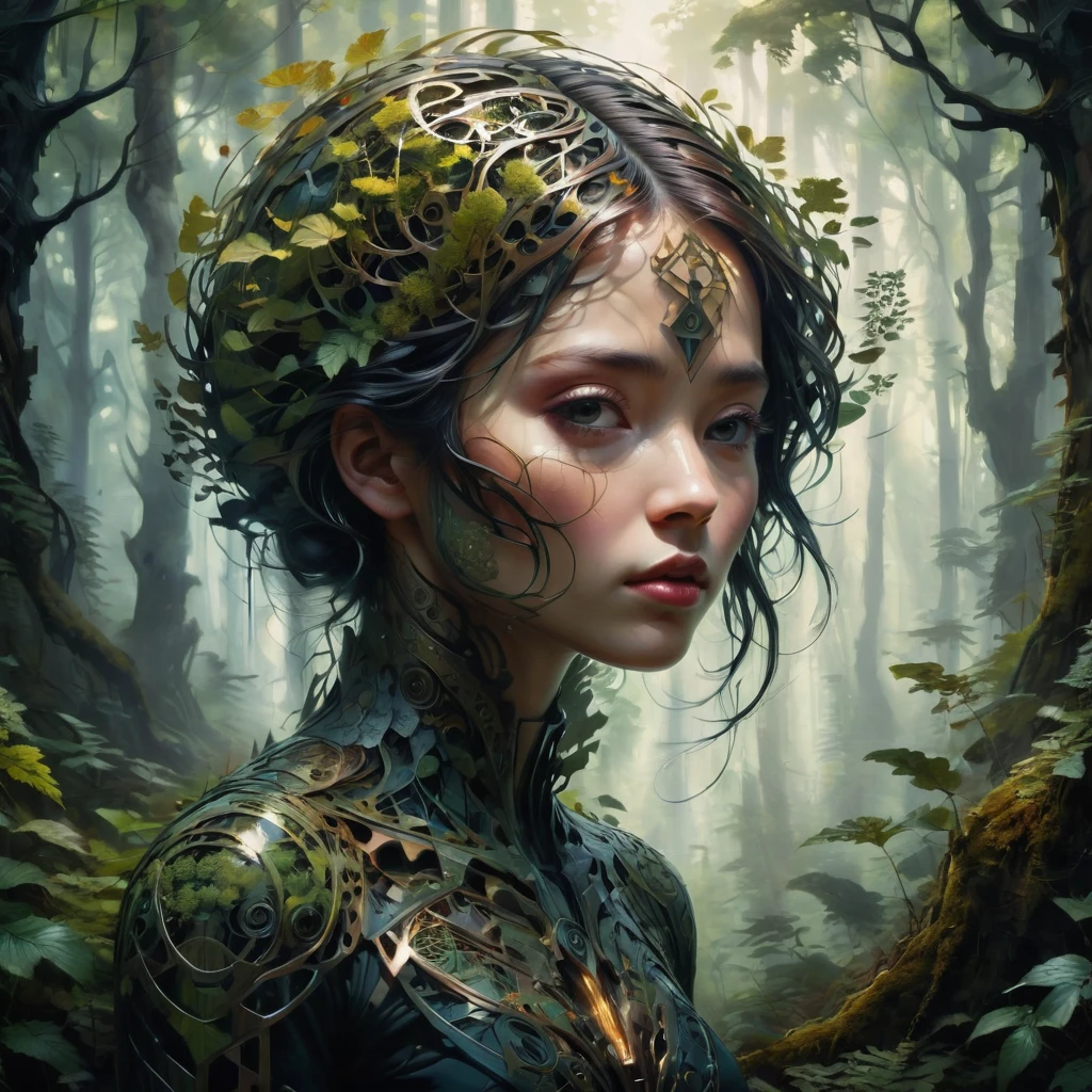 mysterious silhouette forest woman, by Minjae Lee, Carne Griffiths, Emily Kell, Geoffroy Thoorens, Aaron Horkey, Jordan Grimmer, Greg Rutkowski, amazing depth, masterwork, surreal, geometric patterns, intricately detailed, bokeh, perfect balanced, deep fine borders, artistic photorealism, smooth, great masterwork by head of prompt engineering, enhance, intricate, (best quality, masterpiece, Representative work, official art, Professional, 8k)