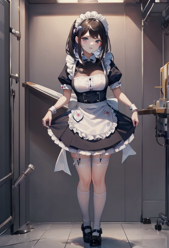 masterpiece, best quality, ultra detailed,super fine illustration, highly detailed beautiful face and eyes, 1girl, (cute), (kawaii), small breasts, (traditional maid collared shirt:1.3), mini skirt, (navy high socks), ponytail hair, standing, noshoes, (from below:1.3),