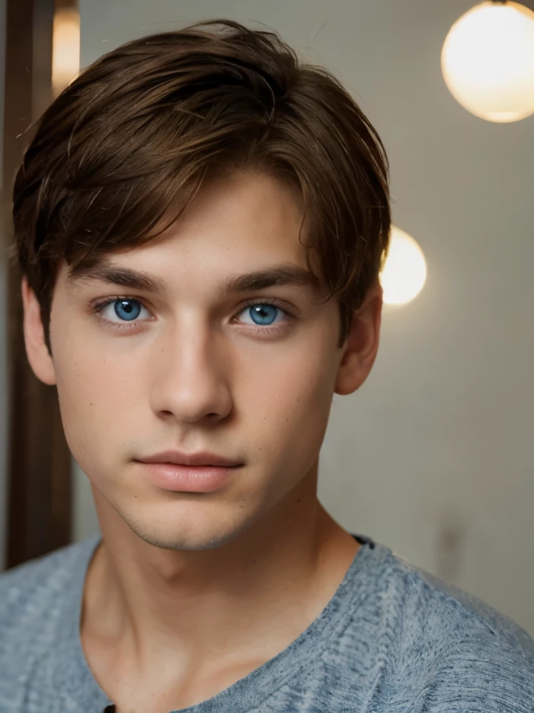 (Better image quality) a beautiful boy with blue eyes and brown hair.