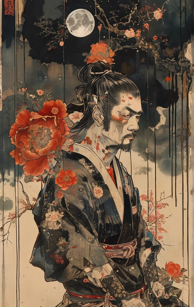 japanese line art , a samurai( tied up to a wooden steak with several arrows stuck in him,:1.2) lower body missing visible skeletal structure , ripped rags, rope and bloody ground, black skies and large moon , floral damask background , in the style of takato yamamoto ,