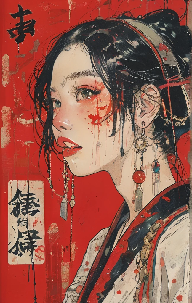 a female character with bloodied teeth with words over her face and in the background, 1girl, solo, jewelry, black hair, tongue out, tongue, piercinga woman with blood dripping down her face and hair standing on a red background, 1girl, solo, jewelry, black hair, tongue out, tongue, piercingan image of black and red art depicting an anime looking woman in a black top, 1girl, solo, jewelry, black hair, tongue out, tongue, piercing