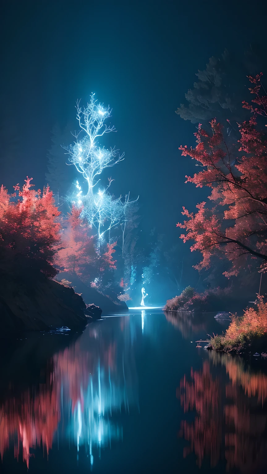 Photographs that capture the essence of a magical dream world. An epic abyss,Hanging over a beautiful lake, Surreal and vivid colors illuminate its reflection. The atmosphere is otherworldly, The soft night light casts a flowing shadow. The image creates a sense of depth and mystery, It's as if the audience is taken into another dimension., Create beautiful and memorable work. Shot with Canon EosIII Zeiss 120mm wide angle lens,Thunder and lightning,Nine Heavens Mysterious Thunder。
