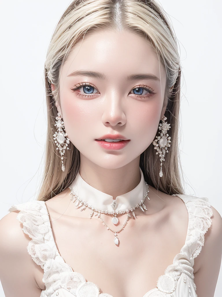 White Background、Professional Lighting、(((Professional Lighting 1.5)))、Translucent skin texture、Beautiful Skin、Beautiful Skin、、(((Whitening 1.5)))、White dress、See through、、Ecstasy of Musical Notes、((White dress1.5))、See through1.5、Bust up photo、Simple earrings and necklace、Fluttering Hair、Blonde Hair、Glowing Skin、
