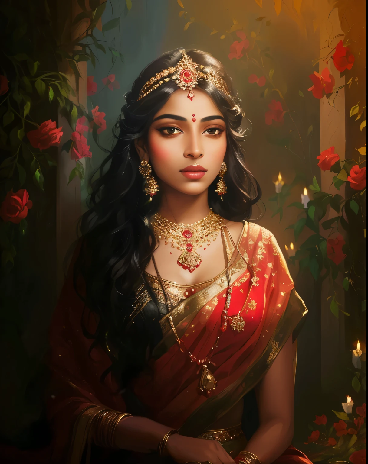 painting of a woman in a red sari with a gold necklace and earrings, beautiful fantasy art portrait, portrait painting of a princess, portrait of a beautiful goddess, a stunning portrait of a goddess, beautiful fantasy portrait, indian goddess, beautiful character painting, inspired by Raja Ravi Varma, beautiful fantasy maiden, dark skin female goddess of love, fantasy art portrait, fantasy portrait art