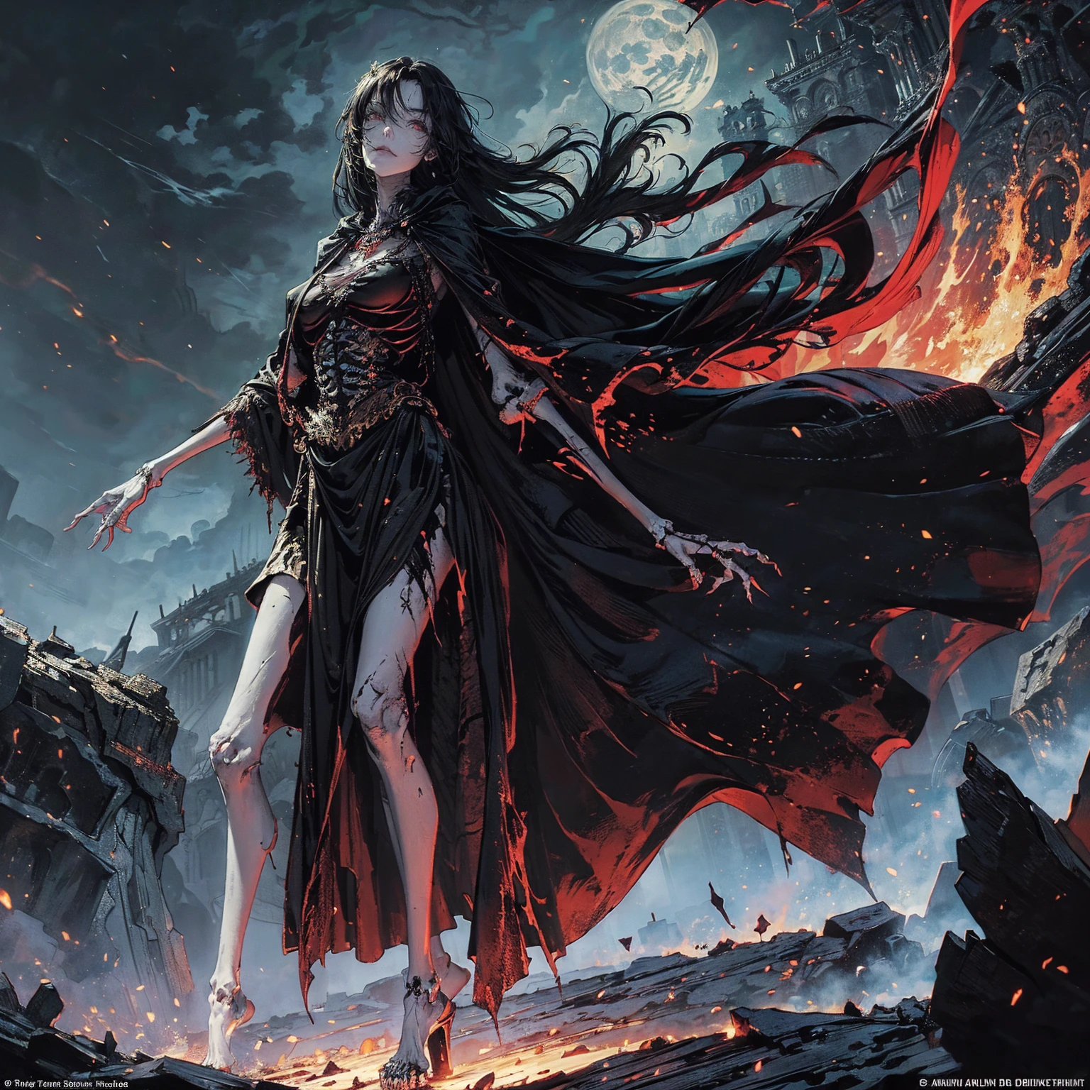 (full body:1.5), (wide shot:1.2), best quality, 4K, high resolution, (masterpiece:1.2), Very detailed, (actual:1.37), (anatomically correct:1.2), Mood lighting, A black hair young undead girl in a long cape, Whole body including hands & arms & legs & feet are all skeleton bones but except the head is still beautiful human face, Wearing a ragged gothic skirt, Shaded expression, Aloofness emotion, Dangerous sneer, beautiful but sorrowful smile, Black tears of blood flowed from eyes, lean on one side floating above ground, Facing the camera, Crucified, Pitch black sky, Blood-red moon, strange atmosphere, Gothic style, Unforgettable beauty, Dramatic shadows, Ethereal Light, Mysterious atmosphere, Necromancer, Dark Magic, Resurrection of the Dead, Resurrected zombies and skeletons roaming around.