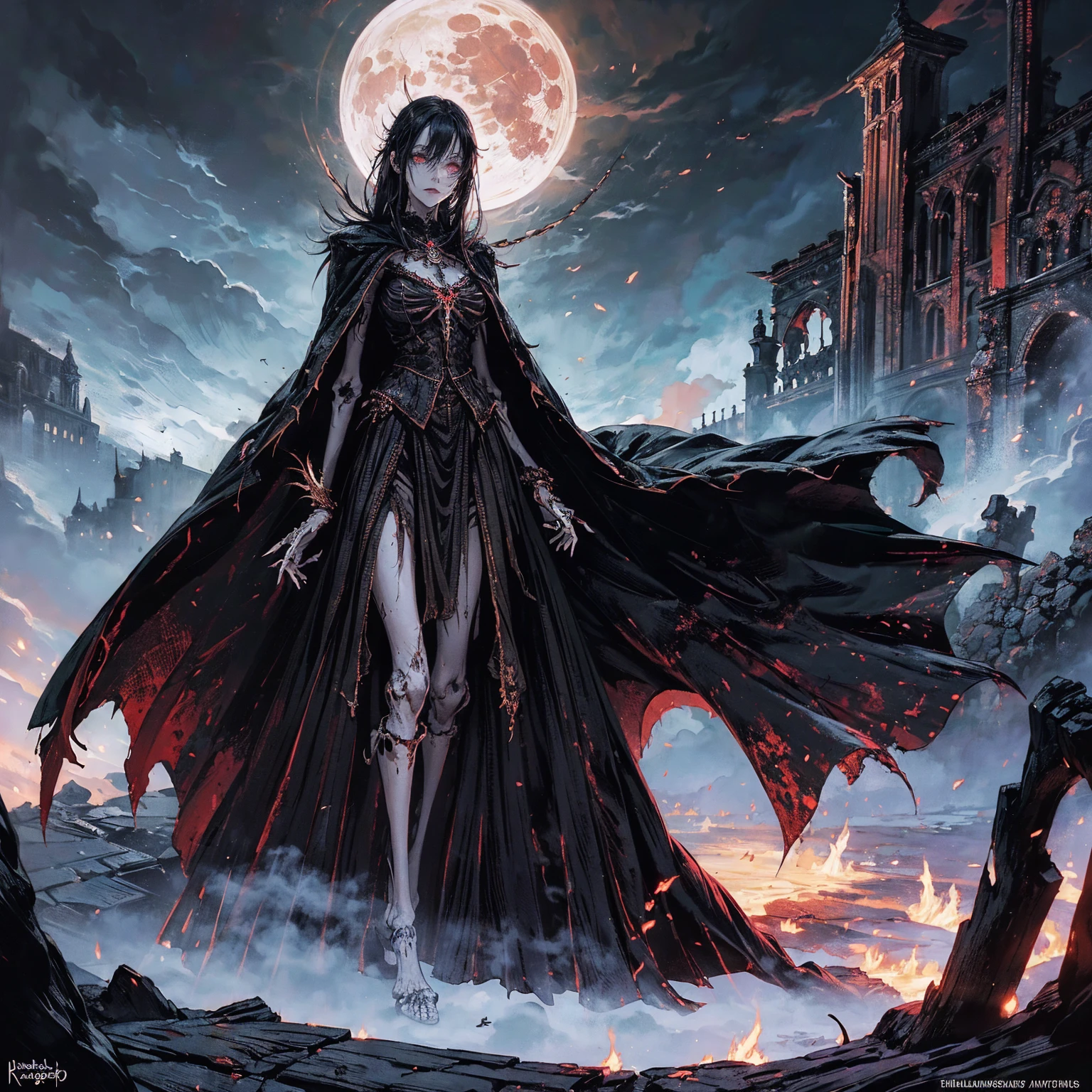 (full body:1.5), (wide shot:1.2), best quality, 4K, high resolution, (masterpiece:1.2), Very detailed, (actual:1.37), (anatomically correct:1.2), Mood lighting, A black hair young undead girl in a long cape, Whole body including hands & arms & legs & feet are all skeleton bones but except the head is still beautiful human face, Wearing a ragged gothic skirt, Shaded expression, Aloofness emotion, Dangerous sneer, beautiful but sorrowful smile, Black tears of blood flowed from eyes, lean on one side floating above ground, Facing the camera, Crucified, Pitch black sky, Blood-red moon, strange atmosphere, Gothic style, Unforgettable beauty, Dramatic shadows, Ethereal Light, Mysterious atmosphere, Necromancer, Dark Magic, Resurrection of the Dead, Resurrected zombies and skeletons roaming around.