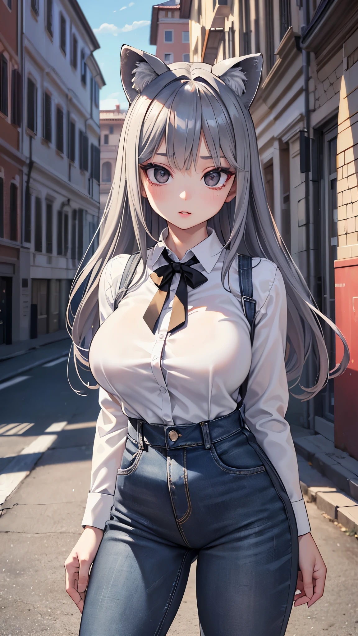 (masterpiece, 最high quality, 超High resolution, Very detailed), (Realistic:1.1, photoRealistic:1.4), Perfect illustration, Perfect lighting,Hair in perfect detail, Perfect and detailed face, Perfect collarbone, Perfect body,Juicy breasts, Perfect Thighs, Beautiful feet, View your viewers, 1 Girl,Perfect Face, (Perfect Anatomy, Anatomically correct), Symmetrical face、((Shiny Hair)),Sexy Body、(masterpiece),(最high quality：1.3),8k,Very clear,(Ultra-realistic),,Captivating woman,(high quality, High resolution, Fine details), Realisticなスタイルの女性,Juicy breasts、One perfect woman、Perfect Face、Symmetrical face、、((Large Breasts))、blush、((Juicy lips))、Cowboy Shot、((Heavy grey hair))、((Raccoon Ears))、((Large, double-set black eyes、Long eyelashes))、((Red makeup))、(((White collared shirt、Black tie)))、(((High waist denim pants)))、(Outdoor、On the streets of Rome)