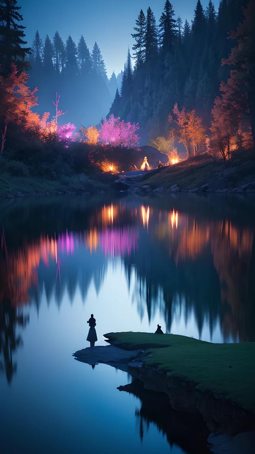 Photographs that capture the essence of a magical dream world. An epic abyss,Hanging over a beautiful lake, Surreal and vivid colors illuminate its reflection. The atmosphere is otherworldly, The soft night light casts a flowing shadow. The image creates a sense of depth and mystery, It's as if the audience is taken into another dimension., Create beautiful and memorable work. Shot with Canon EosIII Zeiss 120mm wide angle lens,Thunder and lightning