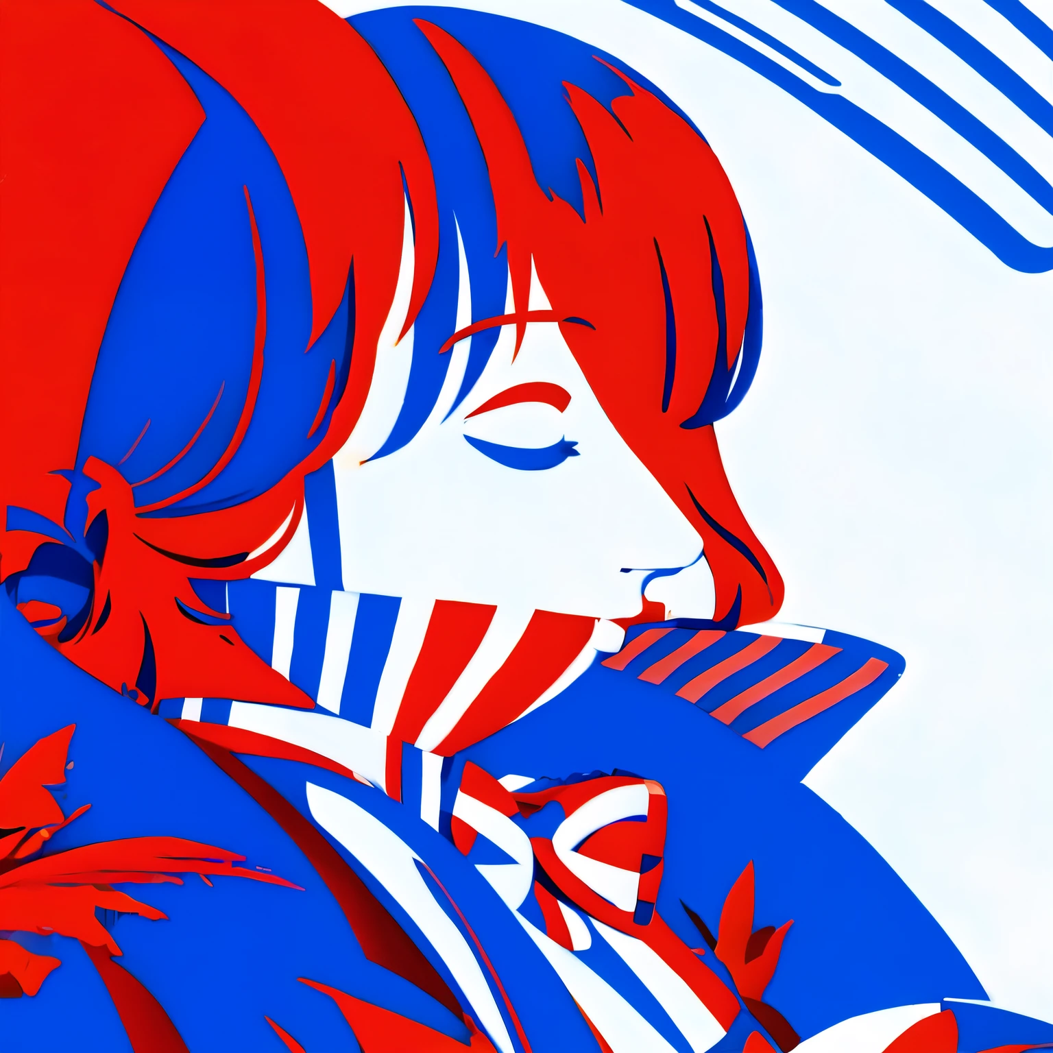 illustration
solo
1girl
closed eyes
simple background
red background
red theme
shadow
profile
limited palette
flat color
hair over one eye
upper body
short hair
red skin