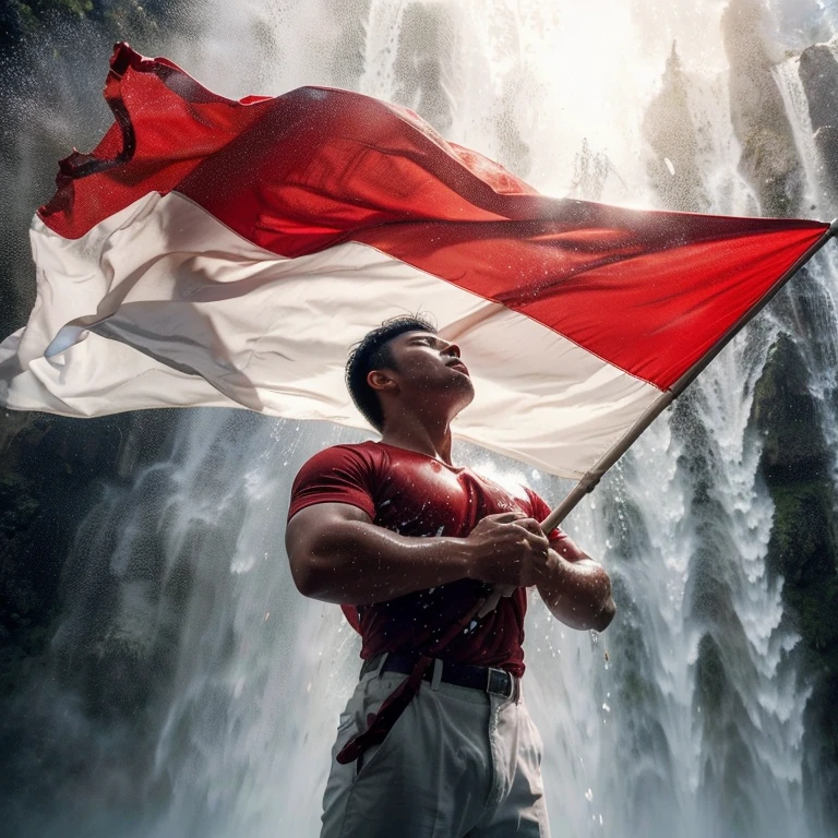 super realistic , of an indonesian man slightly stocky body with short black hair , wearing red shirt, white trousers . closing his eyes while kissing the big red and white flag he is holding. dramatic water fall backgroun blown by the wind, kualitas ultra HD