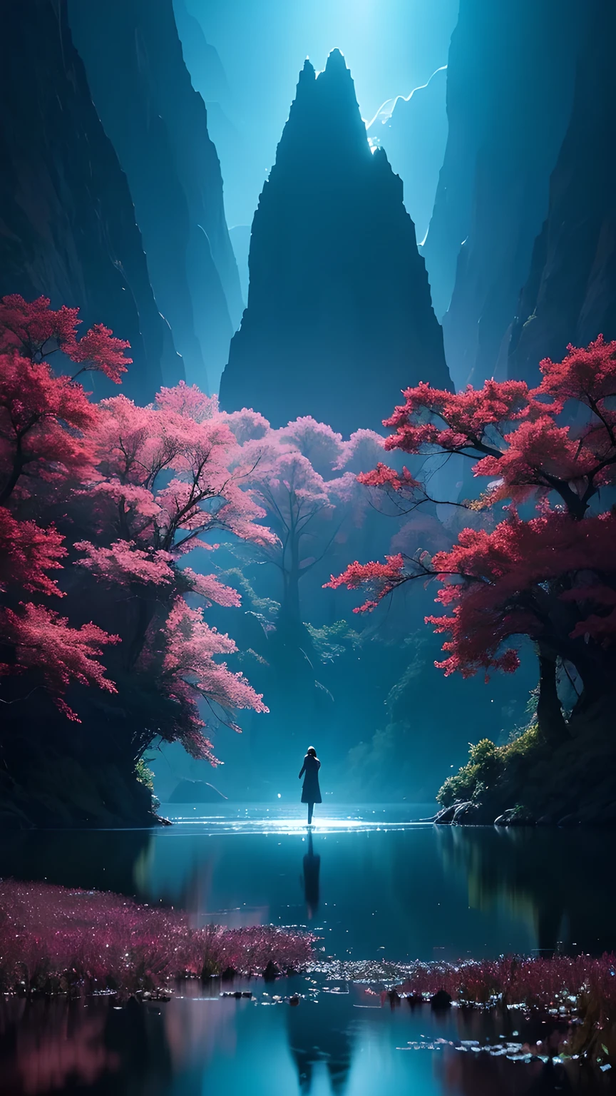 Photographs that capture the essence of a magical dream world. An epic abyss,Hanging over a beautiful lake, Surreal and vivid colors illuminate its reflection. The atmosphere is otherworldly, The soft night light casts a flowing shadow. The image creates a sense of depth and mystery, It's as if the audience is taken into another dimension., Create beautiful and memorable work. Shot with Canon EosIII Zeiss 120mm wide angle lens,Thunder and lightning