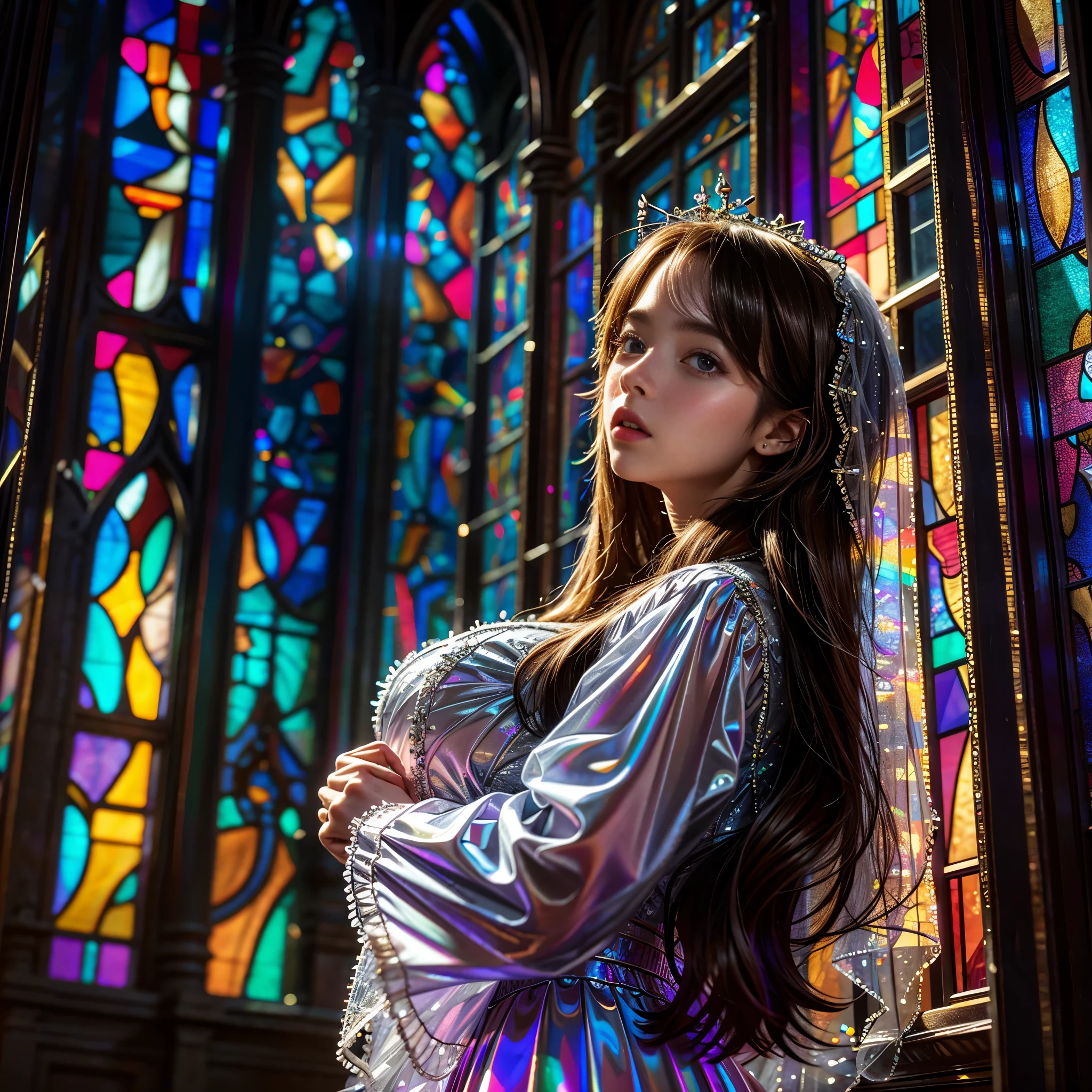  (Cathedral from below:1.28) (ZoomLayer) TopQuality 8K masterpiece of ((Professional photo)), (((Clarisse de Cagliostro))) (Detailed White WeddingDresses), Chain, (((Extremely detailed KAWAII face))) {((VeiledFace))|BlondeHair|(Elaborate BuleEyes)with(SparklingHighlights:1.28)}, The background is distant (((Elaborate stained glass))) Rainbow Glass, {(MysticSight)|EnchantingAtmosphere|Haze|(GodRays)|TyndallEffect}, Radiant PearlSkin with Transparency, (Exposed:0.39)