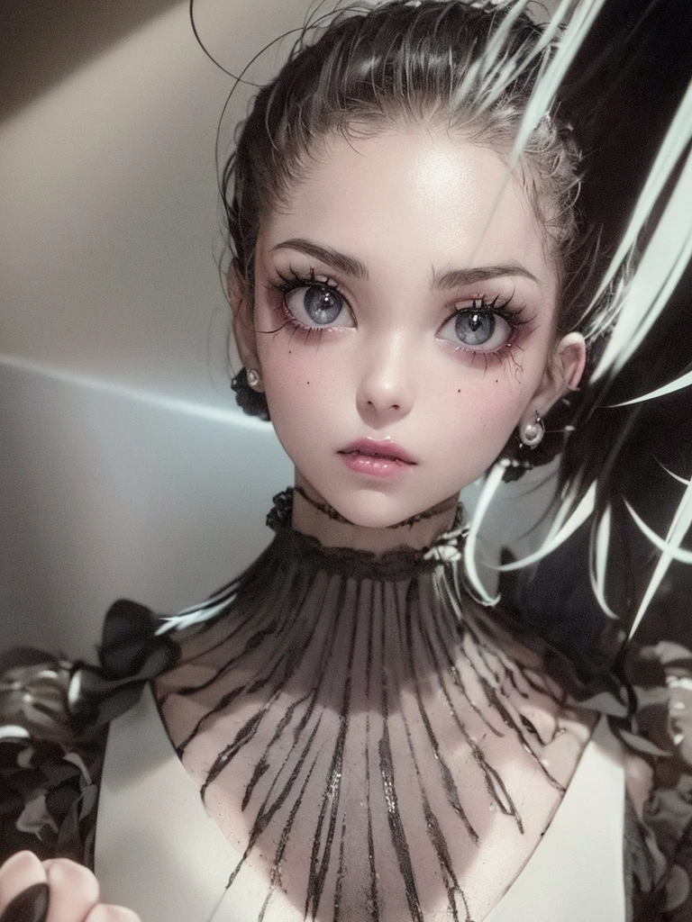 Depth of bounds written, detailed eye, ((CG illustration)), ((face focus)), ((masterpiece)), ((8K)), ((super detailed)), ((Super high quality)), ((cinematic)), ((Photoreal)), ((close up shot)), (solo), (cool girl), very long hair, straight hair, (((thin body))), Glossy skin, ((look away)), (Beautiful goth girl with high cheeks and legs), Gothic makeup, clear eyes, lipstick, dark eye shadow, ((No bra)), choker, earrings, provoke, night, ((full moon)), ((Functional)), Lonely, Visual kei, ((pastel colour)), Unwound clothes, forget, kiss, White Knight, dark, silence