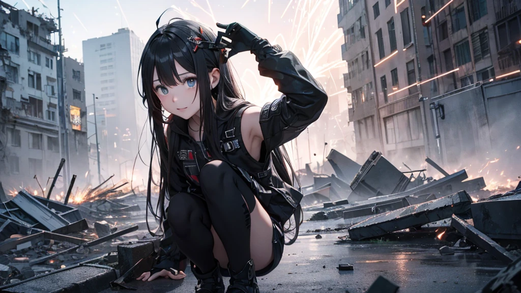 With falling sparks on the background of a ruined city、Heavy metal style cover image。