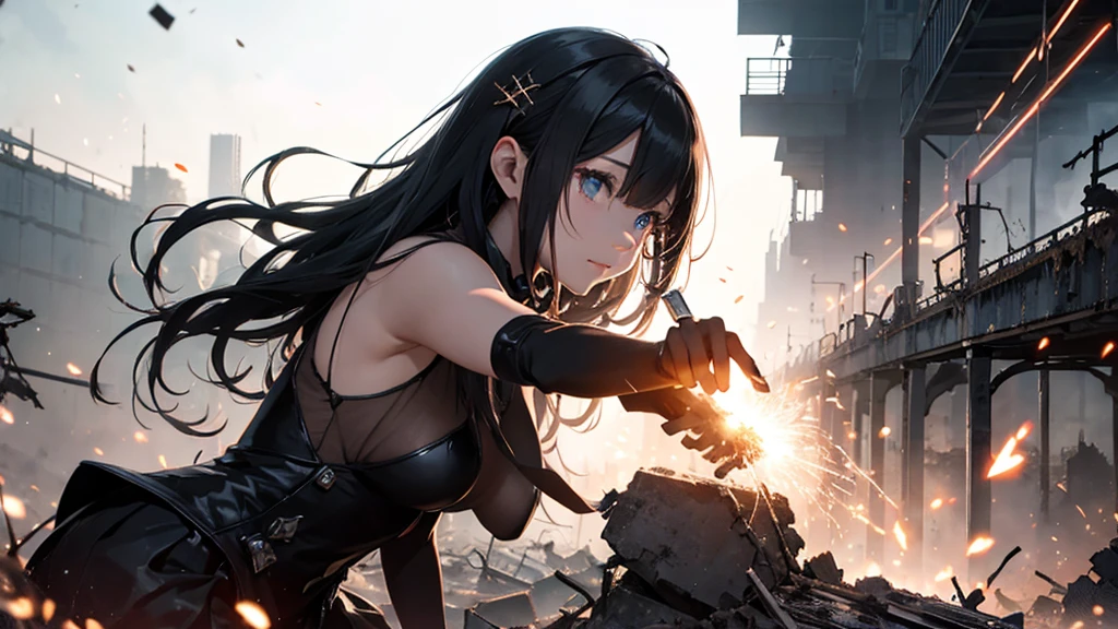 With falling sparks on the background of a ruined city、Heavy metal style cover image。