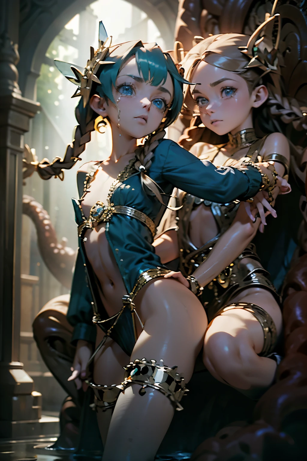 ((best quality)), ((masterpiece)), (detailed), 1girl, off-shoulder sweater, little tribal,(((little ,small))),(round face),(little chest),(big forhead:1.2),(beautiful big eyes:1.3),extremely detailed cute anime face, (((flat chest))),((((long twin braids,tight braids,long braid,braided hair,long hime cut,colored inner hair)))),intricate eyes,beautiful detailed eyes,symmetrical eyes,((((lustrous skin:1.5,bright skin: 1.5,shiny skin,very shiny skin,shiny body,Reflective skin)))),(((detailed face))),beautiful detailed lips,(nsfw)), ((loincloth)),(tribal clothes,style),(tribal clothing),((wet clothes,)), dynamic pose,looking at viewer, (((embarrassed))),(horrified expression),highres,(best quality),(ultra detailed,extremely detailed),perfect face details, ((masterpiece:1.4, best quality))+, (ultra detailed)+, long twintails, (white thighhighs), cute girl,blue clothes, (flat chest:1.3), 1 fairy girl, off-shoulder sweater, a fairy, fairy girl, winged pixie girl, girl fairy, various different types of insect wings, small breasts (flat chest:1.3), NSFW,tentacle-like vines, Covered with tentacles, encoiled by tentacles, Tentacles around the body, many tentacles, captured by tentacles, bound by tentacles, trapped by tentacles, Fine details,Tentacled,Tied with tentacles, roaming tentacles, drooling,Crying,horrified expression, panic, fight for survival, helplessness, Detailed body,Full limbs,NSFW, being pulled into a flower, wild environment, jungle, terrifying floral environment, horrific nature, predatory flora, fairy catcher, fairy trapper, fairy catcher plant, tentacle-like vines, fairy trapper-plant, fairy catcher flower, tentacle-like vines, fairy trapper-flower inspired by carnivorous plants; a plant occupying the equivelant evolutionary niche as a spider would