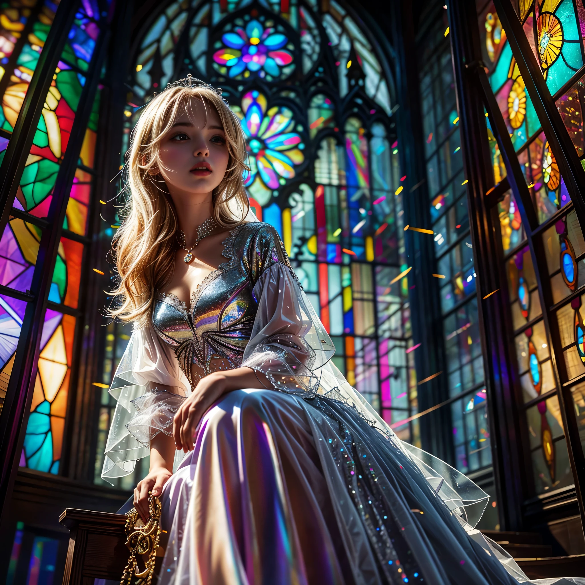  (Cathedral from below:1.28) (ZoomLayer) TopQuality 8K masterpiece of ((Professional photo)), (((Clarisse de Cagliostro))) (Detailed White WeddingDresses), Chain, (((Extremely detailed KAWAII face))) {((VeiledFace))|BlondeHair|(Elaborate BuleEyes)with(SparklingHighlights:1.28)}, The background is distant (((Elaborate stained glass))) Rainbow Glass, {(MysticSight)|EnchantingAtmosphere|Haze|(GodRays)|TyndallEffect}, Radiant PearlSkin with Transparency, (Exposed:0.39)