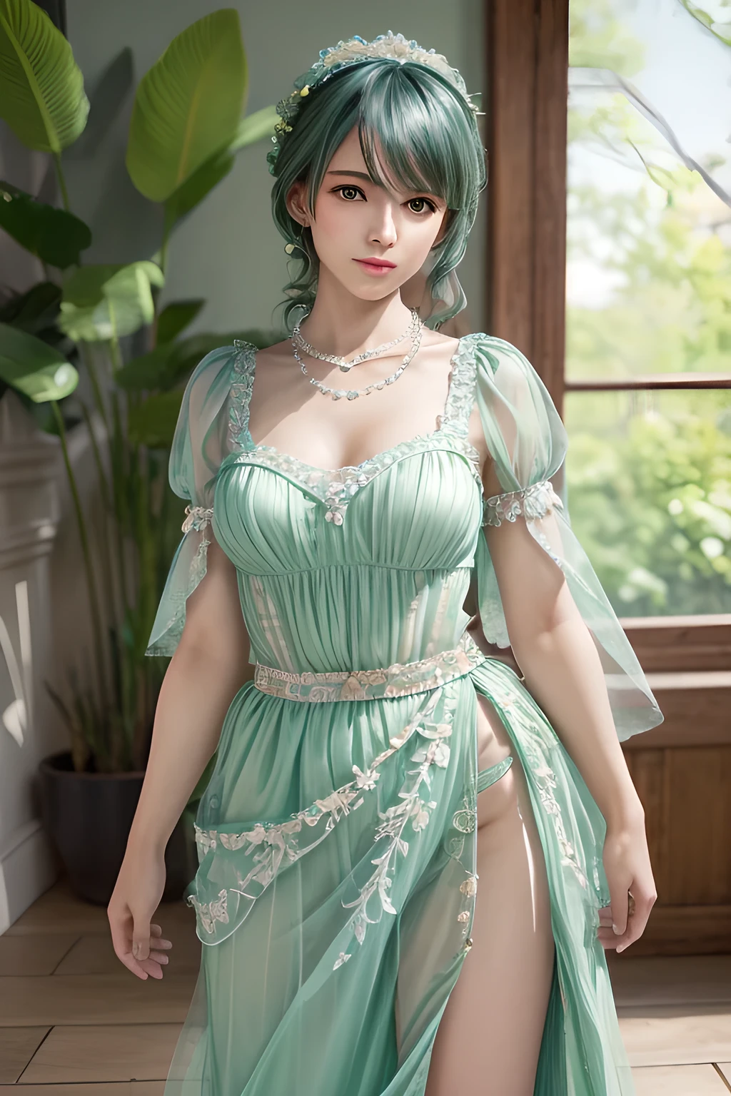 1girl,They wear a light green dress with sheer puff sleeves and a fitted bodice, tied with a light blue bow at the waist. The outfit exudes a feminine and sophisticated beauty, with a pearl necklace around her neck and flower accessories in her hair. The soft natural light creates a serene and elegant atmosphere, enhancing the overall composition. The background features floral elements and sheer curtains, adding an ethereal and springtime feel to the scene., (best quality,8k,highres,masterpiece:1.2),ultra-detailed,(realistic,photorealistic,photo-realistic:1.37),studio lighting,ultra-fine painting,sharp focus,physically-based rendering,extreme detail description,professional,vivid colors
