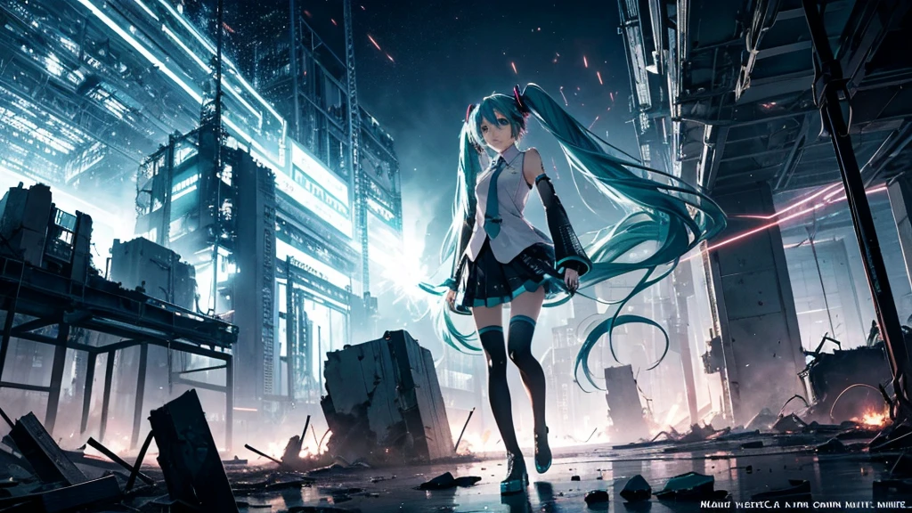 Hatsune Miku Stands Up、With falling sparks on the background of a ruined city、Heavy metal style cover image。