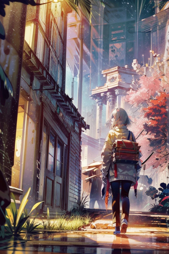 cherry season, two people holding hand and walking together, beautiful season, pink sakura trees in background, dark sky at night after rain so the street is reflecting everything, dream like vibe, perfection, detailed correct anatomy, city at night, cozy vibe, stunning view, outside aerial view, detailed background, detailed objects, detailed scenery, focus on scenery, 4k resolution, anime style pastel colors mix, super detailed anime illustration, intricately detailed textures, detailed pixels, complex details, hyper detailed anime style, detailed sky, detailed background, masterpiece, cell shaded, clear image, clear details,