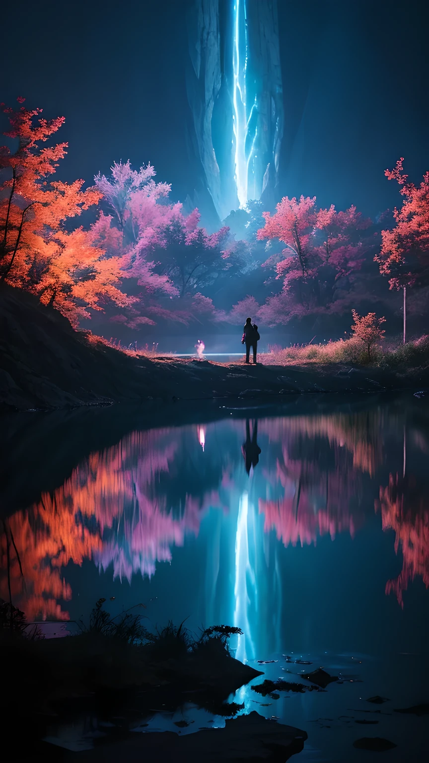 Photographs that capture the essence of a magical dream world. An epic abyss,Hanging over a beautiful lake, Surreal and vivid colors illuminate its reflection. The atmosphere is otherworldly, The soft night light casts a flowing shadow. The image creates a sense of depth and mystery, It's as if the audience is taken into another dimension., Create beautiful and memorable work. Shot with Canon EosIII Zeiss 120mm wide angle lens