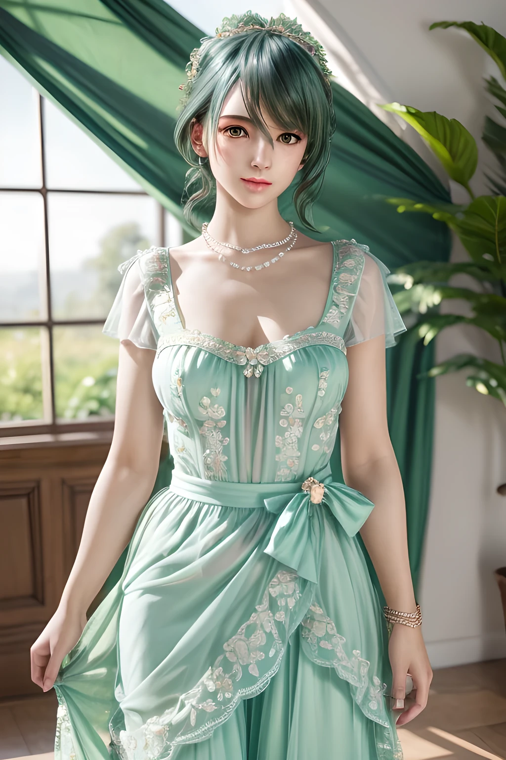 1girl,They wear a light green dress with sheer puff sleeves and a fitted bodice, tied with a light blue bow at the waist. The outfit exudes a feminine and sophisticated beauty, with a pearl necklace around her neck and flower accessories in her hair. The soft natural light creates a serene and elegant atmosphere, enhancing the overall composition. The background features floral elements and sheer curtains, adding an ethereal and springtime feel to the scene., (best quality,8k,highres,masterpiece:1.2),ultra-detailed,(realistic,photorealistic,photo-realistic:1.37),studio lighting,ultra-fine painting,sharp focus,physically-based rendering,extreme detail description,professional,vivid colors