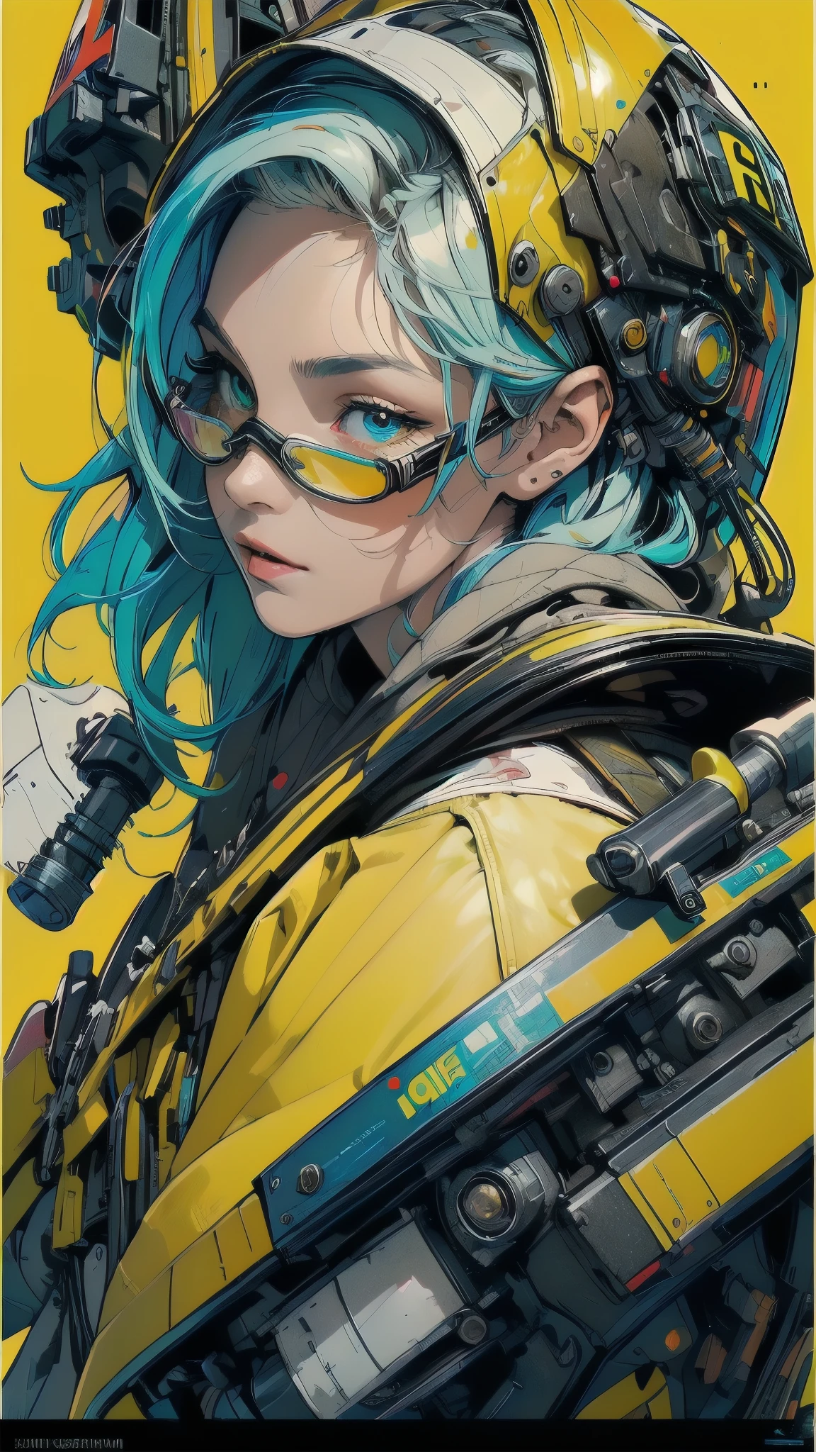 (((masterpiece, highest quality))),(((solo:1.2))),(((1girl:1.2))),32k wallpaper, very detailed, poster, vintage science fiction,(((((geometric cinematic movie poster))))), ((bauhaus)),(shape),(((abstract))),(mid century modern),movie poster,(((((portfolio))))),(((((Close-up))))),(((((bust up))))),((((more various angle)))),((((highlight)))),((((heterochromia)))),(((complete. detailed face))),((((Extremely talented)))),(((((most complecated futristic machine))))),(Colorful color scheme),(((detailed unlimited mechanic complete goggle))),(((Absolutely DAISYyellow background)))