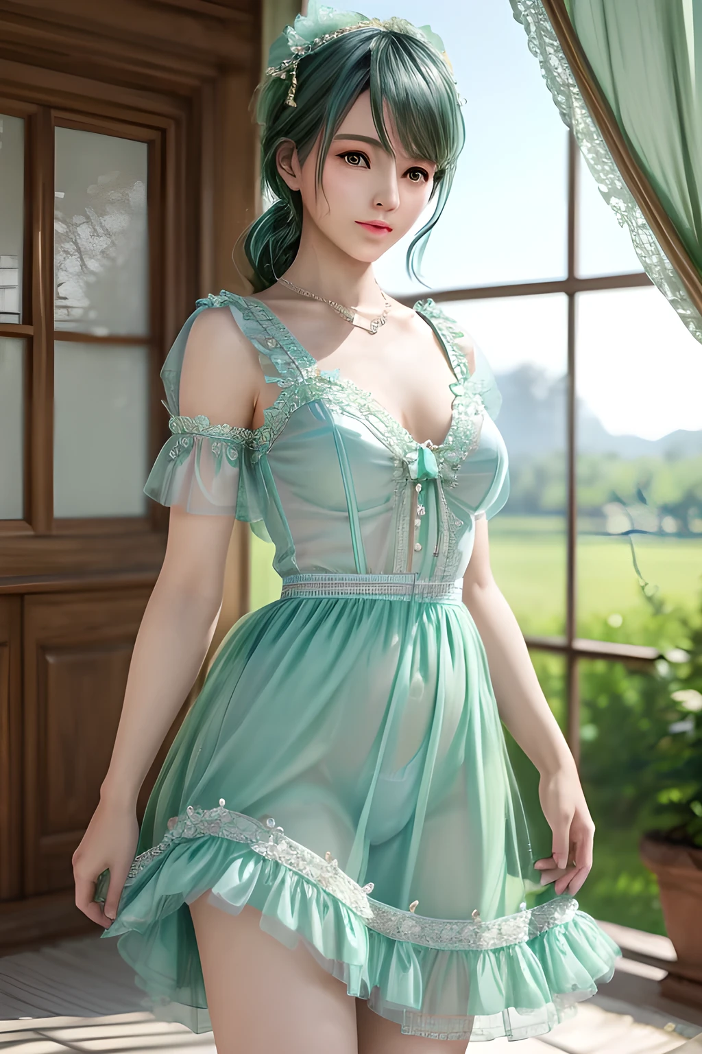 1girl,They wear a light green dress with sheer puff sleeves and a fitted bodice, tied with a light blue bow at the waist. The outfit exudes a feminine and sophisticated beauty, with a pearl necklace around her neck and flower accessories in her hair. The soft natural light creates a serene and elegant atmosphere, enhancing the overall composition. The background features floral elements and sheer curtains, adding an ethereal and springtime feel to the scene., (best quality,8k,highres,masterpiece:1.2),ultra-detailed,(realistic,photorealistic,photo-realistic:1.37),studio lighting,ultra-fine painting,sharp focus,physically-based rendering,extreme detail description,professional,vivid colors