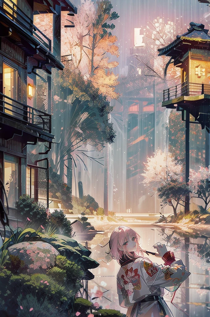 cherry season, two people holding hand and walking together, beautiful season, pink sakura trees in background, dark sky at night after rain so the street is reflecting everything, dream like vibe, perfection, detailed correct anatomy, city at night, cozy vibe, stunning view, outside aerial view, detailed background, detailed objects, detailed scenery, focus on scenery, 4k resolution, anime style pastel colors mix, super detailed anime illustration, intricately detailed textures, detailed pixels, complex details, hyper detailed anime style, detailed sky, detailed background, masterpiece, cell shaded, clear image, clear details,