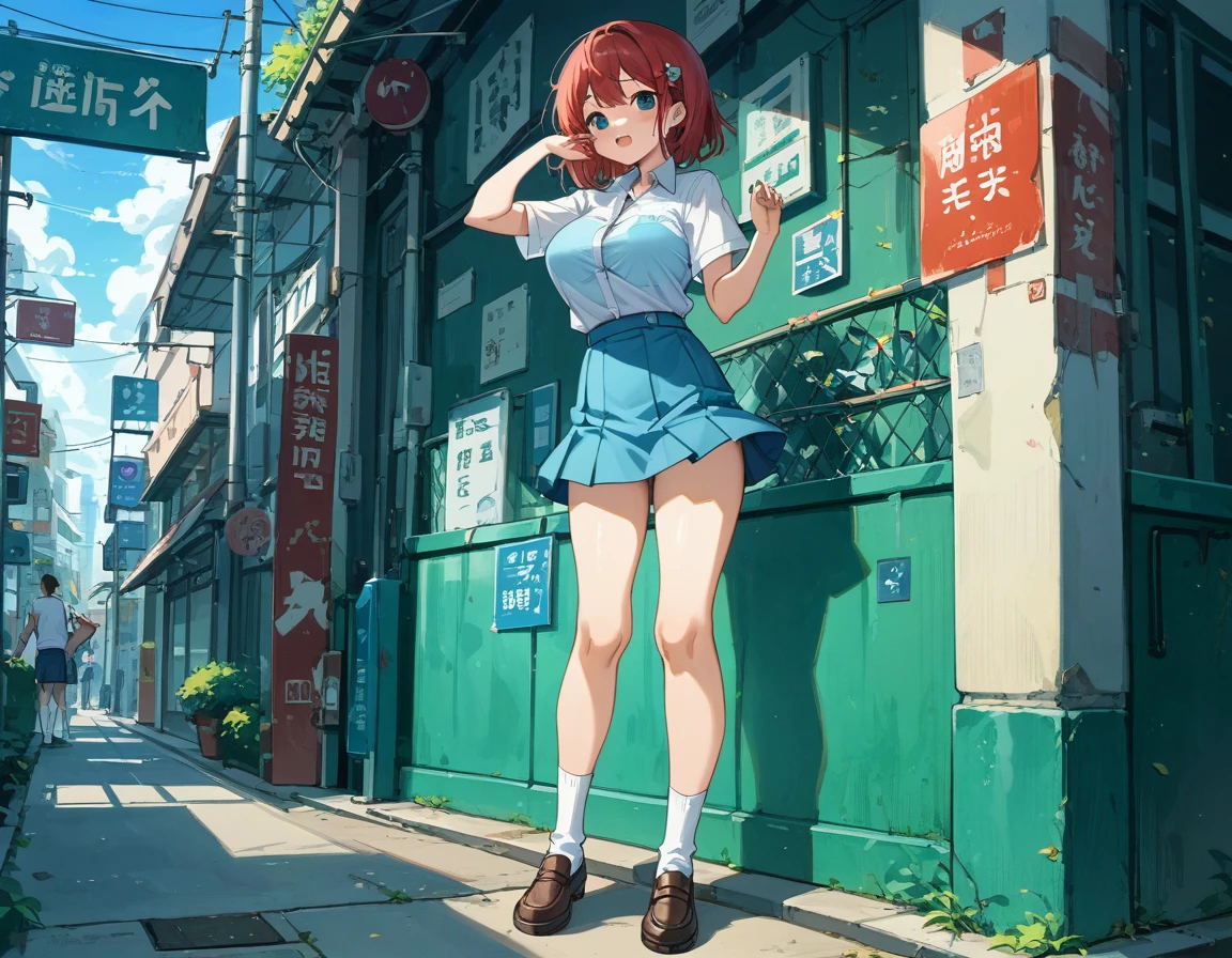 She lifts her skirt with her hands to show off her cute white underwear.、Showing off her cute white underwear、Big breasts and blue bra sticking through pure white shirt、Skirt flip、Blue flared mini skirt、Bare legs, white socks and leather shoes、Standing posture