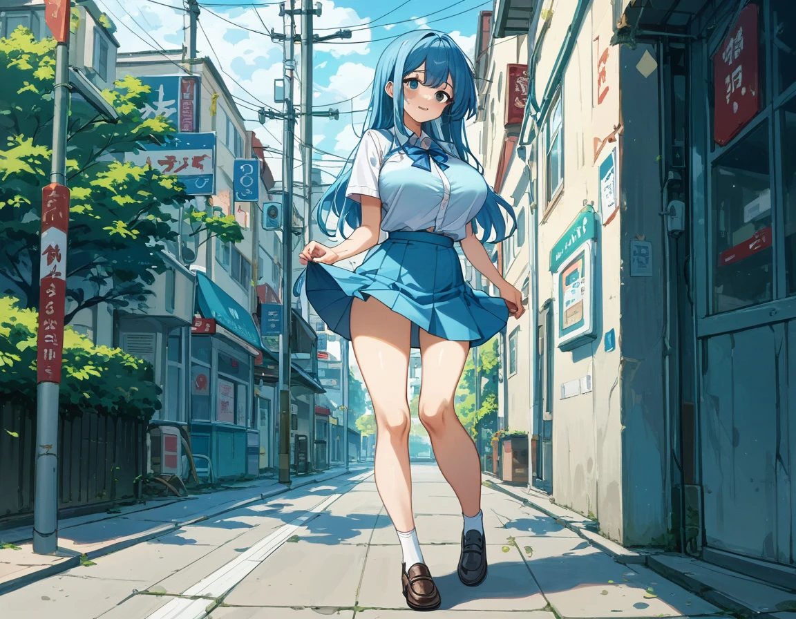 She lifts her skirt with her hands to show off her cute white underwear.、Showing off her cute white underwear、Big breasts and blue bra sticking through pure white shirt、Skirt flip、Blue flared mini skirt、Bare legs, white socks and leather shoes、Standing posture