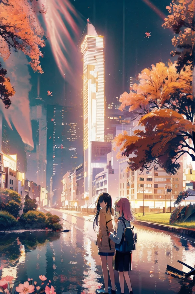 cherry season, two people holding hand and walking together, beautiful season, pink sakura trees in background, dark sky at night after rain so the street is reflecting everything, dream like vibe, perfection, detailed correct anatomy, city at night, cozy vibe, stunning view, outside aerial view, detailed background, detailed objects, detailed scenery, focus on scenery, 4k resolution, anime  style pastel colors mix, super detailed anime illustration, intricately detailed textures, detailed pixels, complex details, hyper detailed anime style, detailed sky, detailed background, masterpiece, cell shaded, clear image, clear details, 