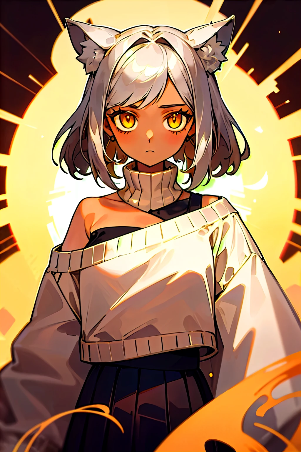 ((Highest quality)), ((masterpiece)), (detailed), One girl, Off-the-shoulder sweater, (Silver Hair),Wolf Cut,((Golden Eyes)),Expressionless,Black Skirt,((Brown skin:1.6))