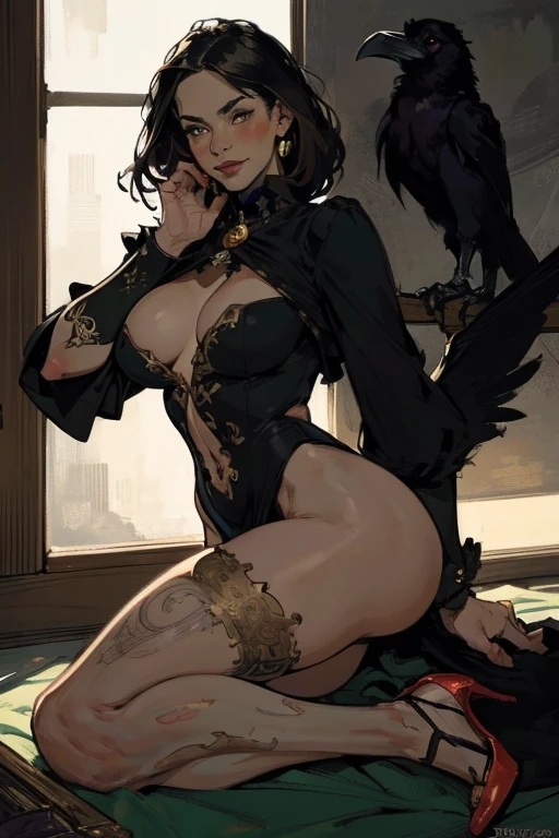 (playing with a raven:1.4),(rule of thirds:1.4),(SFW),((hyper-realistic illustration:1.4)) Beautiful 20 yo Mediterranean woman, beautiful athletic figure, shapely toned legs, perfect round ass, natural perky breasts,(abs), ((long dark hair)), green eyes. (joy:1.4), sweet smile,  Red lipstick, mascara, long sleeve dress, high heels. Masterpiece, best quality,(highly detailed:1.2),(detailed face and eyes:1.2), depth of field, 8k wallpaper, natural lighting, core shadows, high contrast, bokeh.