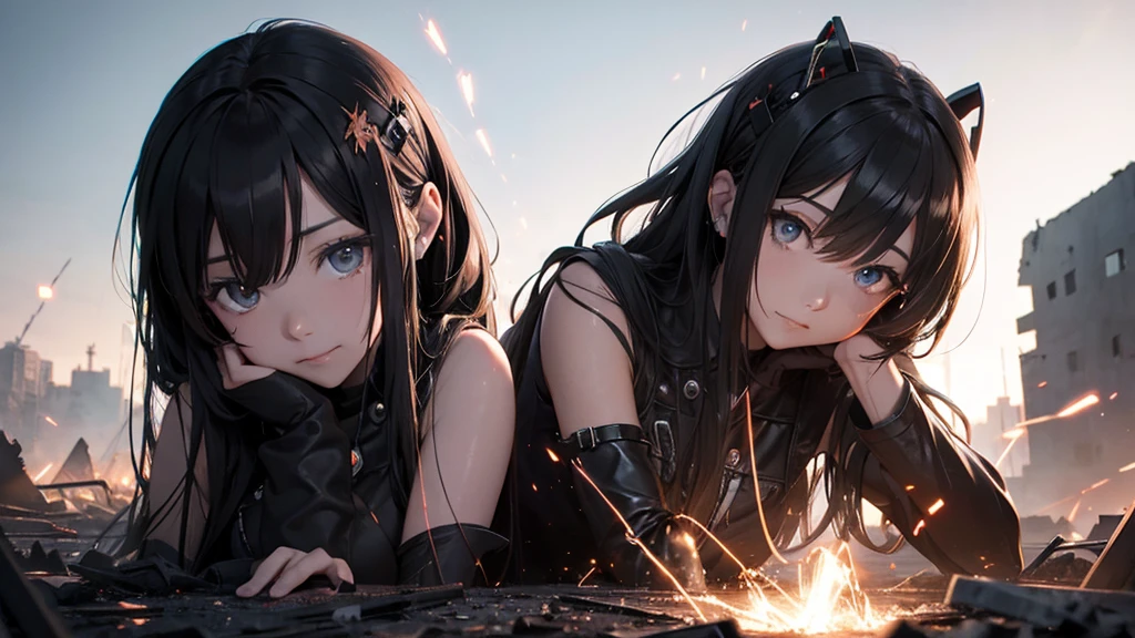 With falling sparks on the background of a ruined city、Heavy metal style cover image。