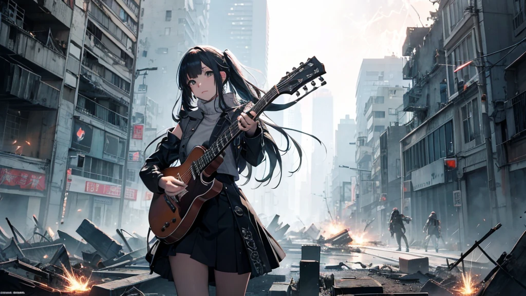 With falling sparks on the background of a ruined city、Heavy metal style cover image。