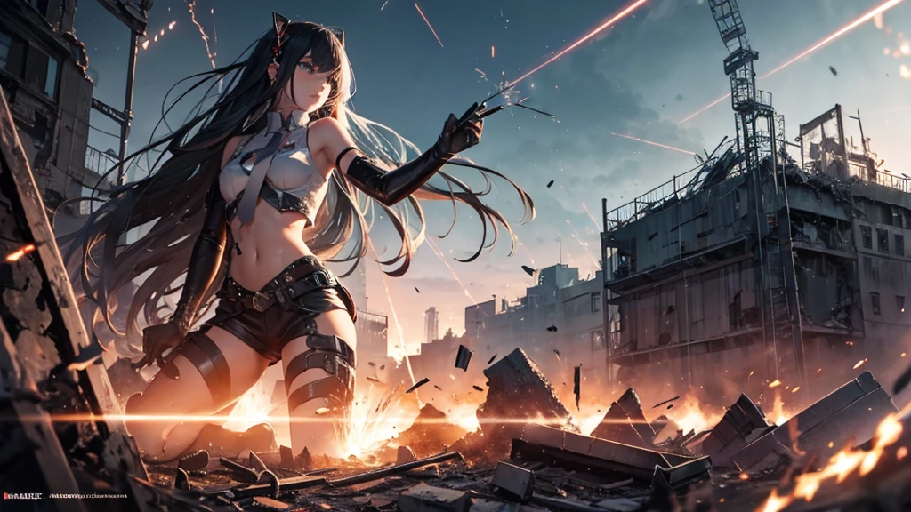 With falling sparks on the background of a ruined city、Heavy metal style cover image。