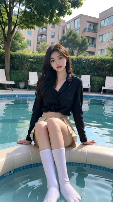1 Girl,swimming pool,Soft Light,Chinese Beauty,Suit skirt,Black socks,Long hair