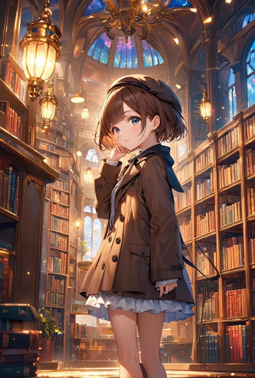 (Highest quality, 8k, 32K, masterpiece, Ultra-high resolution,:1.2),born, One girl,Super cute , A fantasy background like a library, Clear, shining eyes, Age 25 ,Fair skin, Brown Haired Girl, Dressed like a detective, short hair, Sherlock Holmes