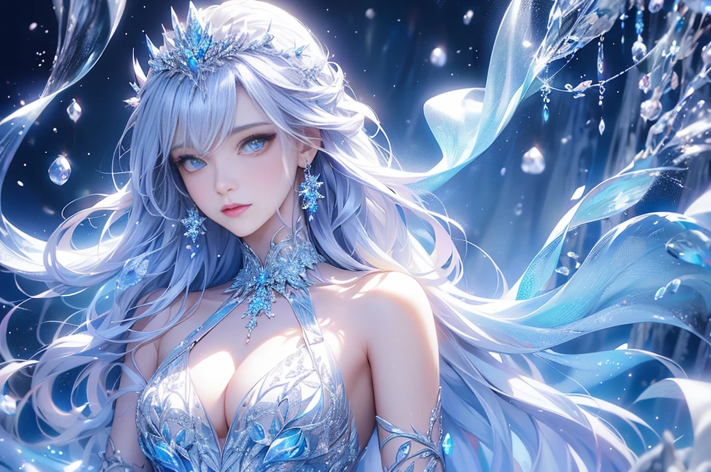 wood, Exquisite mini ice spikes and crystals, Frozen waterfall in the background, Light reflected by ice crystals, Flowing snowflakes.1 girl, Beautiful woman、pretty girl,A realistic person,Beautiful cleavage,small breasts